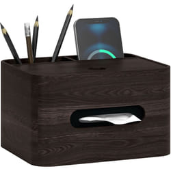 Homcom - Organiseur de bureau rangement bureau - 2 compartiments, boîte à mouchoirs - aspect bois foncé
