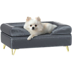 Canapé pour chien design - dim. 76L x 53,5l x 34H cm - piètement épingle métal doré velours gris