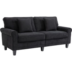 Canapé 3 places dim. 197L x 84P x 90H cm coussin déco. inclus pieds bois massif pin tissu aspect velours côtelé noir