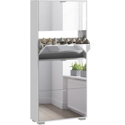 Meuble à chaussures grand miroir 2 en 1 - 4 portes abattantes, étagères réglables - blanc verre