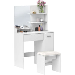 Homcom - Ensemble coiffeuse miroir avec tabouret - porte, tiroir, 4 étagères, niche - blanc