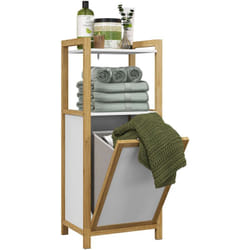 Kleankin - Meuble bas de salle de bain sur pied - 2 étagères, panier à linge - dim. 40L x 30l x 86,5H cm - bambou mdf blanc