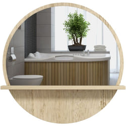 Kleankin - Miroir rond mural de salle de bain style cosy avec étagère - ø 45 cm - effet bois naturel