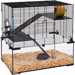 Description générale Cette cage pour hamster de PawHut offre un espace spacieux et multi-niveaux, incluant une roue et des ra ...