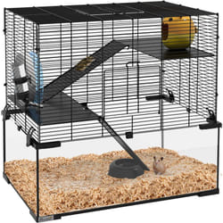 Cage rongeur hamster, 3 niveaux avec roue, rampes, maisonnette, abreuvoir, mangeoire, 60L x 40l x 57H cm, noir