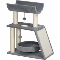 Ce joli modèle d'arbre à chat est équipé de 4 griffoirs, d'un grattoir rampe, d'un jeu de boules suspendues et de 3 plateform ...