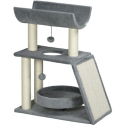 Arbre à chat griffoirs grattoir jeu boules suspendues plateformes ronde, rectangulaire et demi-cylindrique peluche jute naturelle gris