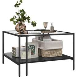 Table basse table de salon carrée 2 niveaux avec plateau en verre trempé, 1 étagère inférieure, design minimaliste, dim. 73l x 73P x 46,5H cm, noir