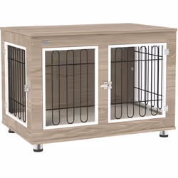 Cette superbe cage pour chien sur pied style contemporain en acier filaire noir et panneaux de particules aspect bois vous pe ...