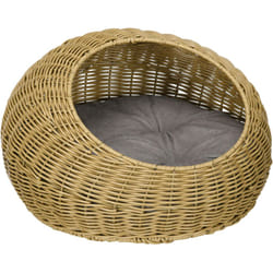 Niche pour chat lit pour chat panier de chat en résine tressée imitation rotin coussin doux déhoussable ø 50 x 31H cm marron clair