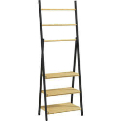 Homcom - Porte-serviettes pliable 3 barres de suspension et 3 étagères en bambou pour salle de bains, structure métal noir