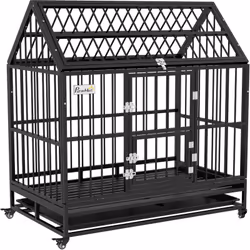 Optez pour la cage pour grands chiens PawHut, faite en acier robuste avec toit pointu pour plus d'espace. Inclut un plateau a ...