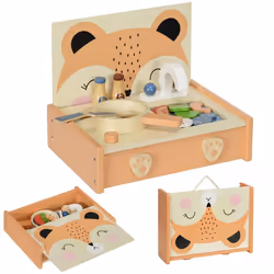 Mini-cuisine enfant 3-5 ans en bois - motif renard - 12 accessoires poêle spatule condiments fruits légumes