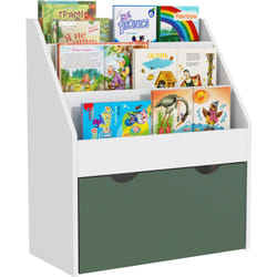 Bibliothèque étagère multi-rangement enfant - 3 étagères, grand tiroir - MDF blanc vert