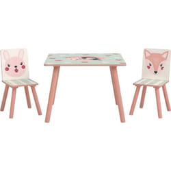 Zonekiz - Ensemble table et chaises enfant motif renards lapin - table carrée + 2 chaises - bois pin mdf rose