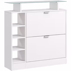 Découvrez l'armoire à chaussures HOMCOM avec deux tiroirs basculants et étagères personnalisables, pouvant contenir jusqu'à 1 ...