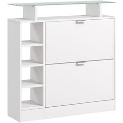 Homcom - Meuble à chaussures 2 tiroirs rabattables plateau verre étagères réglables blanc