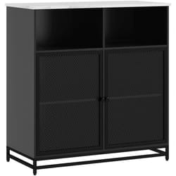 Buffet meuble de rangement plateau aspect marbre et double porte grillagée, pour le salon ou la cuisine, 86 x 40 x 90 cm, noir