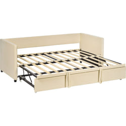 Cadre de lit deux-en-un - tête de lit, sommier inclus - dim. 203l x 190,5P x 75H cm - compatible matelas 190L x 90l cm - blanc crème