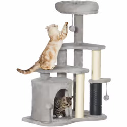 Explorez l'arbre à chat PawHut : un lit douillet, une maisonnette accueillante, revêtue de peluche, avec poteaux à griffer et ...