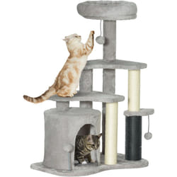 Arbre à chat H.87 cm 3 niv. - griffoirs, niche, bande massante, tour observation, boules - gris clair