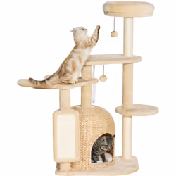 Explorez l'arbre à chat PawHut : poteau à griffer, multiples niveaux, hamac douillet, revêtu de peluche, condo en forme de qu ...