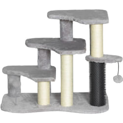 Arbre à chat 3 marches 3 griffoirs bande massante 2 jeux boules peluche gris clair