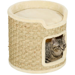 Panier coussin griffoir chat 3 en 1 design tonneau - ø 38 x 37H cm - jonc de mer peluche beige