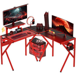Homcom - Bureau gaming d'angle bureau gamer bureau informatique bracket casque porte-gobelet étagère écran réglable métal panneaux texture carbone