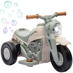 Moto électrique enfant chopper 6V env. 3Km/h 3 roues effets lumineux sonores fonction bulles vert beige