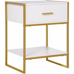 Notre table de chevet HOMCOM au style épuré avec cadre doré et corps blanc, idéale pour divers décors. Comprend un tiroir, un ...