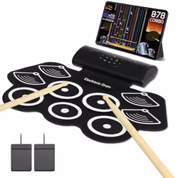 Batterie électronique drum set - SPORTNOW - avec 9 pads pédales et baguettes de tambour - silicone - blanc et noir