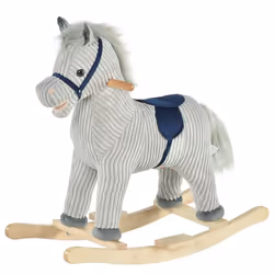 Cheval à bascule enfant style nordique - poignées, repose-pieds - effets sonores - selle bleu tissu côtelé gris