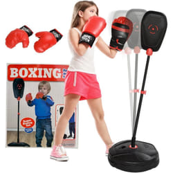 Aiyaplay - Punching ball enfant - sac de frappe enfant - hauteur réglable - base lestage, 2 gants inclus - rouge noir