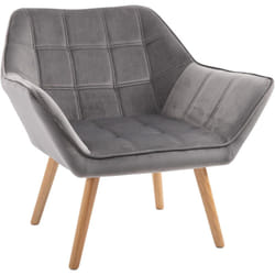 Fauteuil salon design scandinave - dossier accoudoirs enveloppant - piètement bois hévéa velours effet capitonné gris