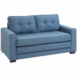 Canapé convertible 2 places design contemporain assise dossier capitonnés polyester aspect lin bleu