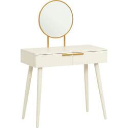 Homcom - Coiffeuse miroir rond style Art déco - 2 tiroirs - piètement effilé bois - métal doré effet bois blanc