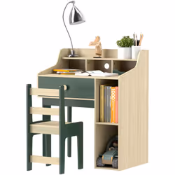 Doté d'une étagère double, d'un tiroir et de deux grilles de rangement, cet ensemble bureau et chaise pour enfants AIYAPLAY m ...
