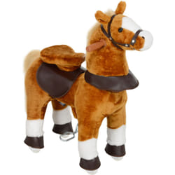 Porteur cheval pour enfant +3 ans cheval debout en peluche 4 roulettes effet sonore marron blanc