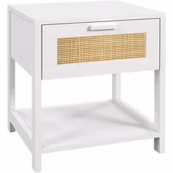 Elégante et tendance, cette table de chevet en MDF classe E1 et cannage en rotin sublimera votre chambre. Perchée sur ses pie ...