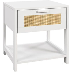 Homcom - Table de chevet tiroir et étagère cannage en rotin dim. 40L x 40l x 48H cm mdf aspect bois blanc