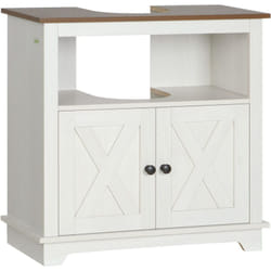 Kleankin - Meuble sous vasque style rural chic - 2 portes, niche - poignées boutons métal noir - aspect bois blanc noyer