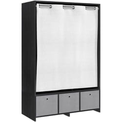 Vestiaire d'entrée - barre de penderie, 3 niches, 3 tiroirs tissu, rideau - panneaux noir polyester lin gris clair