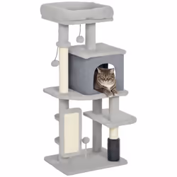 Arbre à chat - PawHut - hauteur 104 cm - avec tapis griffoir lit maison pour chat brosse de toilettage plateformes - gris cla ...