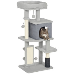 Arbre à chat - PawHut - hauteur 104 cm - avec tapis griffoir lit maison pour chat brosse de toilettage plateformes - gris clair