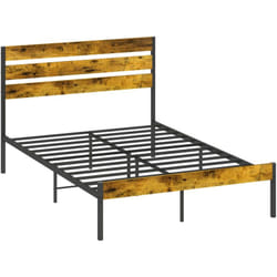 Homcom - Lit double design industriel - tête de lit, pied de lit, sommier - compatible matelas 190L x 140l cm - acier noir aspect bois vieilli