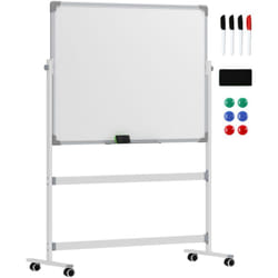 Homcom - Tableau blanc magnétique sur roulettes double face - tableau rotatif avec étagère - nombreux accessoires inclus