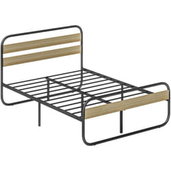 Homcom - Lit double - tête de lit, pied de lit, sommier - compatible matelas 190L x 140l cm - acier noir aspect chêne clair