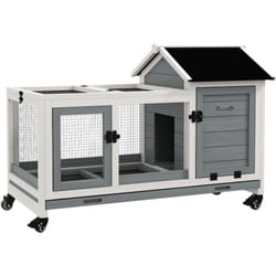 Pawhut - Clapier à lapin sur roulettes cage à lapin porte, rampe trappe verrouillables toit ouvrant niche bois sapin acier gris blanc