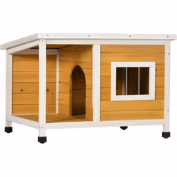 Pawhut - Niche lodge chien avec terrasse couverte sur pied - toit bitumé ouvrant, fenêtre - bois sapin pré-huilé blanc